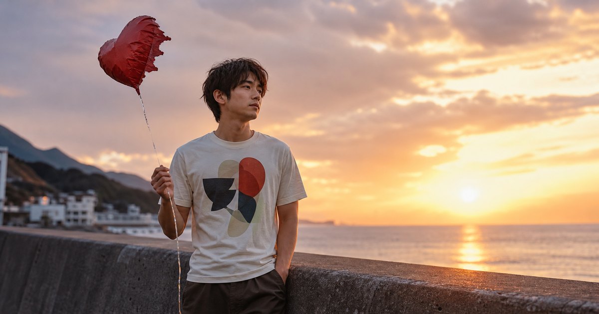 夕暮れに語録Tシャツを着る若者