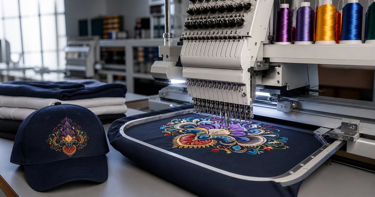 業務用刺繍機でウェアに刺繍を施す様子