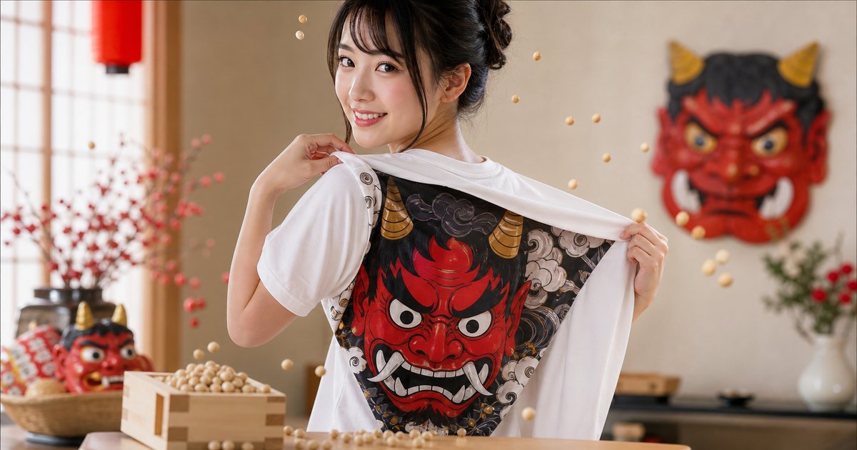 節分の鬼デザインを楽しむリバーシブルTシャツ