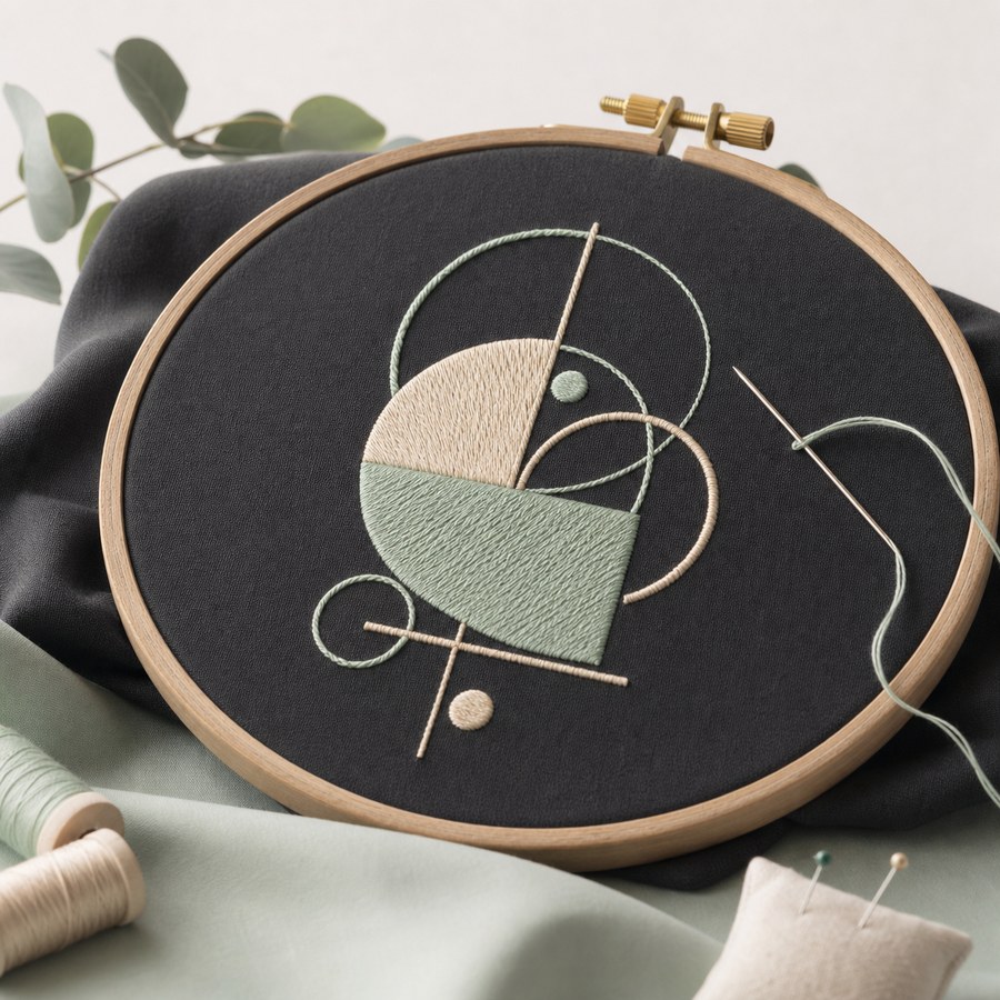 刺繍枠と幾何学模様の刺繍イメージ