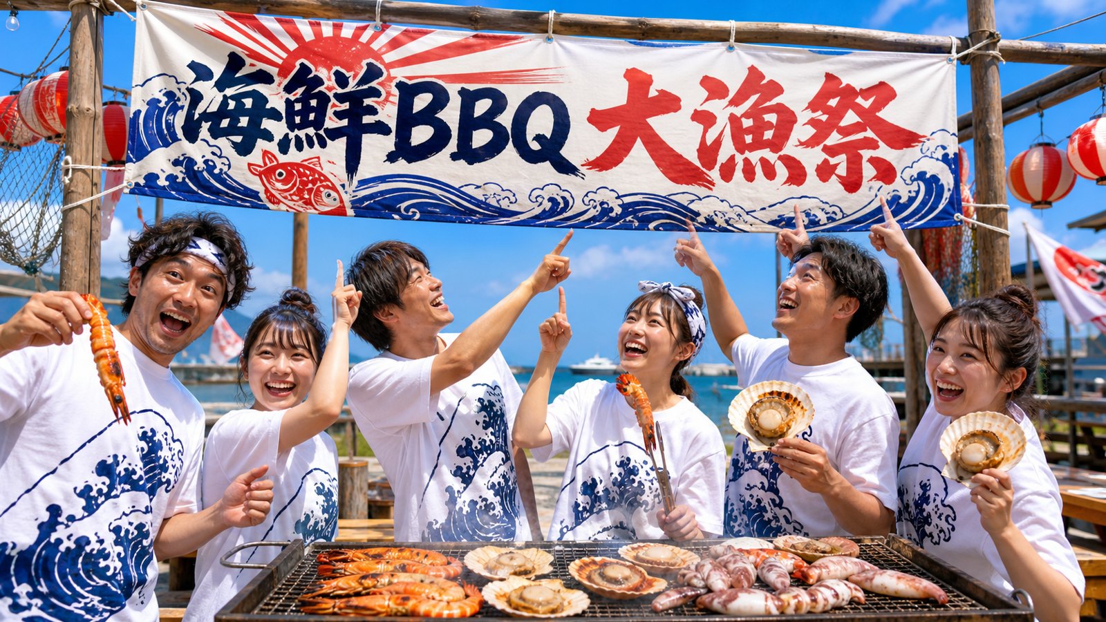 海鮮BBQ大漁祭のオリジナル横断幕とお揃いの波柄Tシャツで盛り上がるグループ